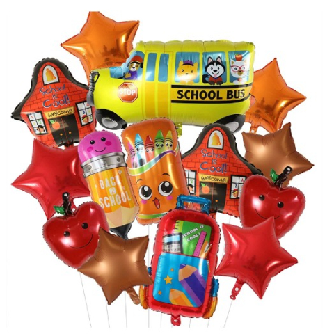 Seturi Baloane Folie - Baloane decorative Back to School, Set MIX 12 baloane, Autobuz Mere Stele Rechizite, din folie de aluminiu, 40 x 80 cm, Adeziv si pai inclus, Rosu Multicolor