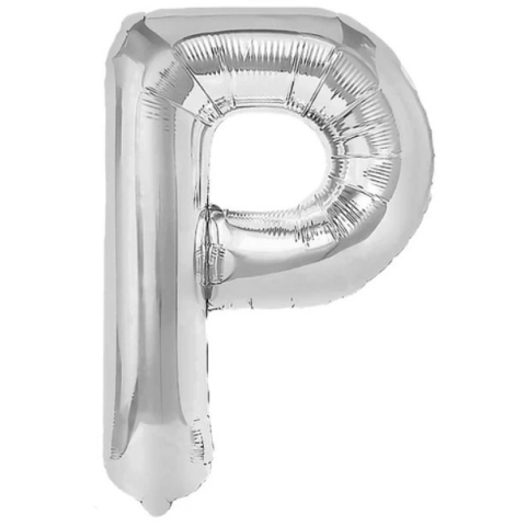 Litere - Balon Folie Metalizata Litera P, 80 cm, Umflati cu Heliu sau Aer, Ambalaj Individual, Pai inclus, Argintiu