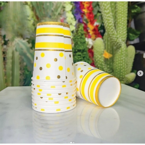 Set 10 Pahare, Imprimeu cu Buline si Dungi, din Carton, 250 ml, 7.5 x 8.5 x 5.2 cm, Galben/Auriu [1]