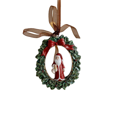 Decoratiuni Brad - Decoratiune de Craciun, pentru Brad, Model Ghirlanda cu Mos Craciun, 8 x 6.5 cm, din Rasina, Multicolor