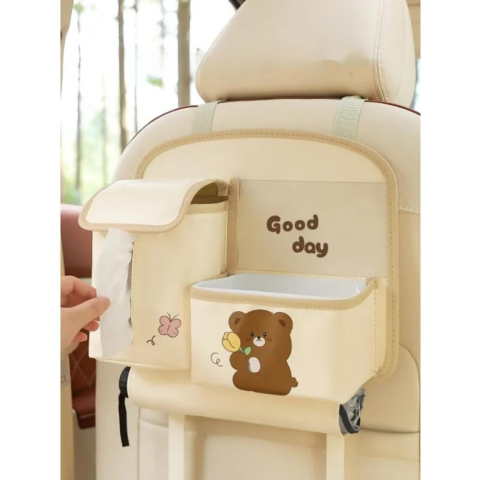 Geanta Multifunctionala de Depozitare, pentru Bancheta din Spate a Masinii, Animat, Model Ursuleti, Scris Good Day, Suport Servetele si Telefon, 25x31 cm, Bej [7]