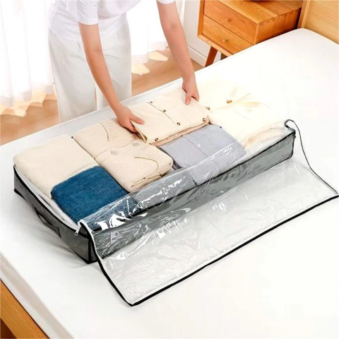 Husa de Depozitare, Intrebuintare Multipla, Pliabila, cu Fermoar Bidirectional si Fereastra Deasupra Transparenta, Manere Laterale, Lavabila, 100x50x15 cm, Gri [2]