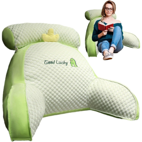 Perna Multifunctionala, Spatar pentru Pat, Protectie Lombara, Marime Medie, 60 x 40 cm, din Plus, Model Dinozaur, Verde [1]