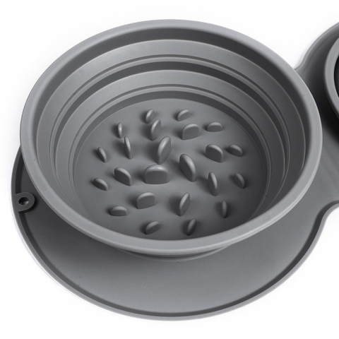 Bol Dublu pentru Animalul de Companie, din Silicon, Pliabil, Inaltime Reglabila, Antialunecare, 42 x 21 x 5 cm, Gri [5]