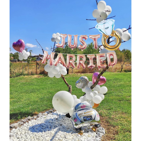 Set Baloane din Folie Metalizata, Model Just Married, Litere de 40 cm, Baloane Party, Ambalaj Individual, Pai, Ata si Adeziv Incluse, Umflare cu Aer sau Heliu, Roz [5]