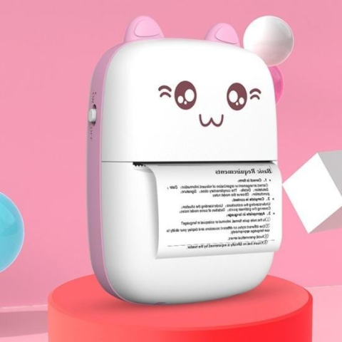 Mini Imprimanta Foto Portabila, Incarcare USB, Bluetooth, Model Ursulet, 12 x 9 x 5 cm, Alb Roz [2]