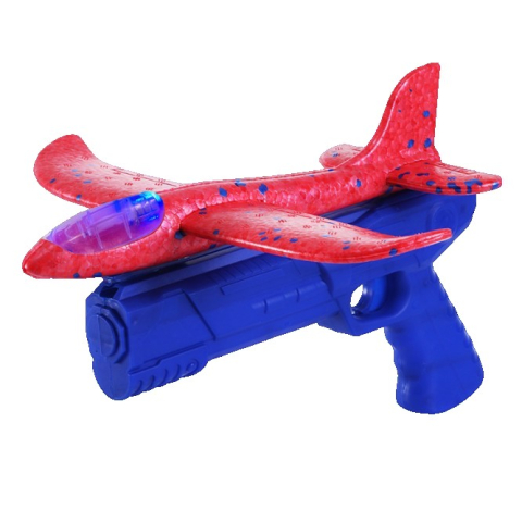 Articole pentru Copii - Pistol cu Lansator de Avion, din Polistiren+Plastic, +3 Ani, Avion 24 cm, Lansare 10 m, cu Lumini, Albastru/Rosu