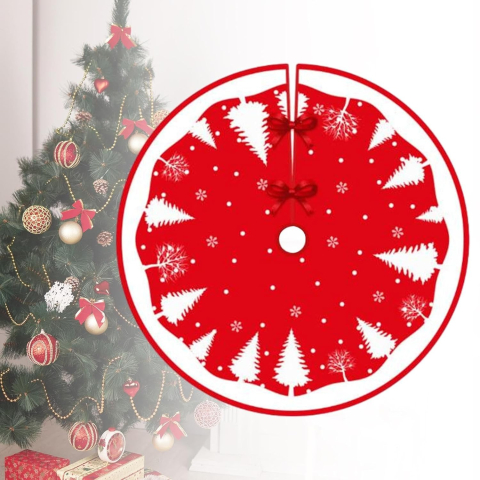 Covoras pentru Bradul de Craciun, din Tesatura Pufoasa, cu Fundite de Prindere, Model Brazi, Rosu/Alb, Diametru 90 cm [6]