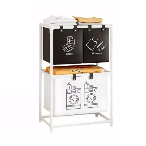 Articole pentru baie - Cos de Rufe, cu 2 Etaje, 3 Cosuri, Cadru de Otel Inoxidabil, 97x28x57 cm, Alb