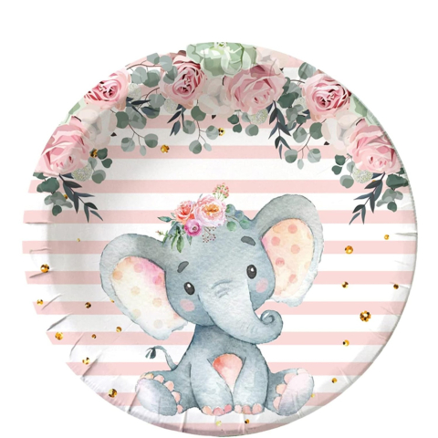 Set 10 Farfurii Unica Folosinta, Imprimeu Elefant, din Carton, 22 cm, Roz [2]