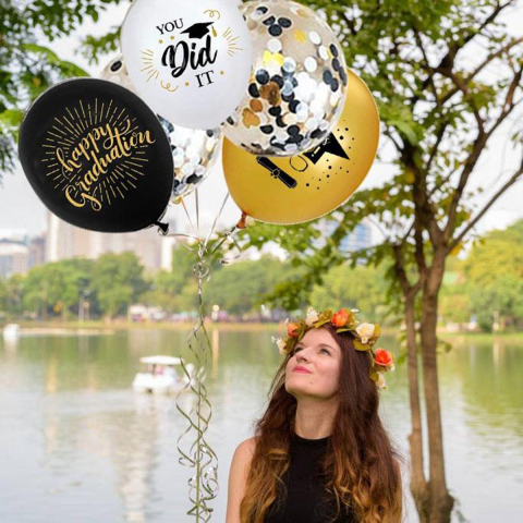 Set 10 Baloane din Latex Metalizate, Model Absolvire, Negru Auriu Alb, 23 cm, 1.4 g [2]