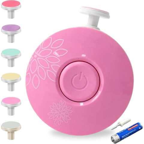 Ingrijire Unghii - Set Pila Electrica cu Baterie, pentru Copii si Bebelusi, din ABS, 6 Accesorii, Model cu Flori, 6.5 x 1.8 cm, Roz