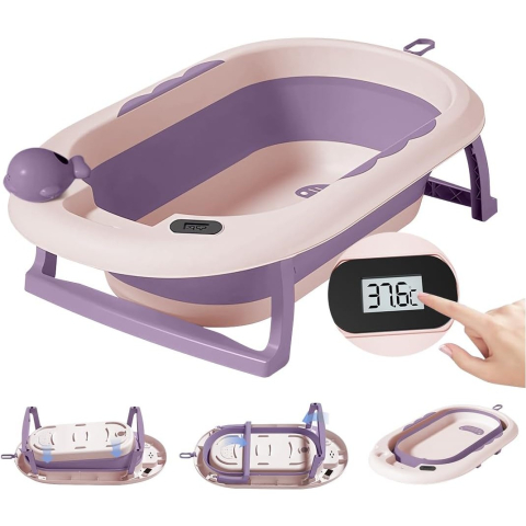 Cada de Baie, pentru Copii 0 luni - 6 Ani, cu Termometru, Pliabila, Perna Suport Inclusa, din Plastic, 81.5 x 49 x 21.5 cm, Mov [3]