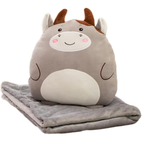 Perne Voiaj, Paturi si Textile - Patura 2in1 pentru Pat sau Canapea, Model Jucarie Vacuta cu Spatiu de Depozitare Patura, Microfibra, 1x1.7 m, Gri