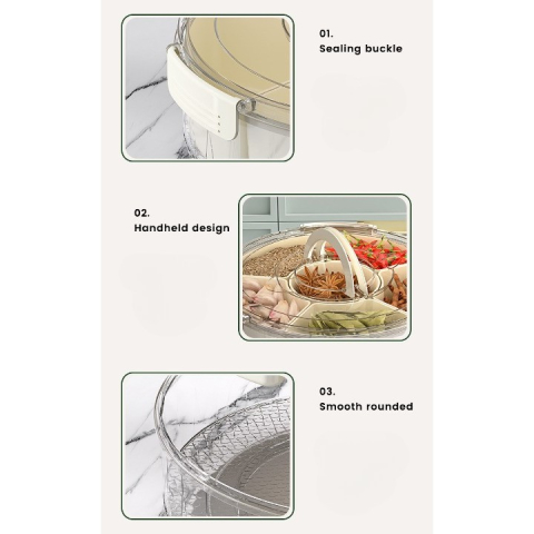 Cutie de Depozitare pentru Alimente, cu 6 Compartimente, pentru Condimente, Fructe, Legume, cu Manere de Prindere, Rotativa 360 de Grade, Inchidere Ermetica, 32x10 cm, Alba [3]