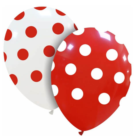 Baloane Latex - Set 10 Baloane din Latex, Model Party cu Buline, 30 cm, Alb si Rosu, 2.8 g