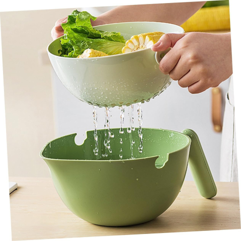 Bol cu Doua Straturi, pentru Fructe, Legume, cu Cos de Scurgere a Apei, 2L, din ABS+PP, 29.9 x 22.5 x 11.8 cm, Verde-Alb [2]