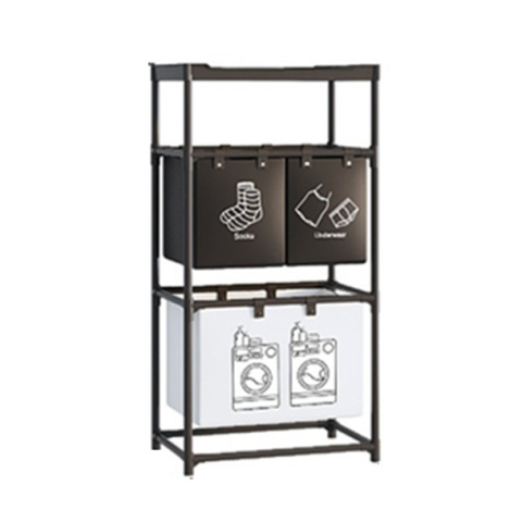 Articole pentru baie - Cos de Rufe, 3 Rafturi, 3 Cosuri, Cadru de Otel Inoxidabil, 123x28x57 cm, Negru
