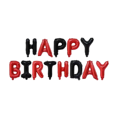 Seturi Baloane Folie - Set Baloane din Folie Metalizata, Model Happy Birthday, Litere de 40 cm, Baloane Party, Ambalaj Individual, Pai, Ata si Adeziv Incluse, Umflare cu Aer sau Heliu, Rosu-Negru