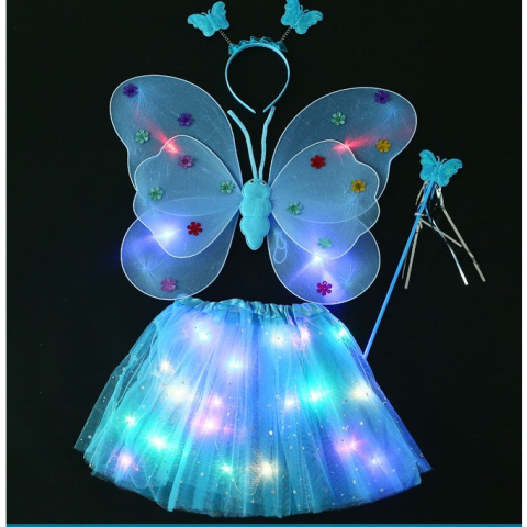 Costum Fluturas cu Aripi Modelabile Luminoase pentru Copii, Fusta din Tul cu Lumini, Bagheta si Bentita, 4 piese, Pentru Halloween, Roleplay, Craciun, Carnaval, Paste, Ziua Copilului, Bumbac/Poliester, Marime universala, Albastru [1]