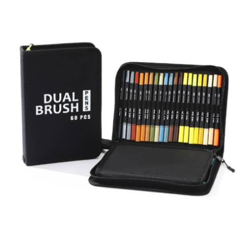 Set Carioci pe Baza de Apa, 2 in 1, pentru Pictura, Caligrafie, 60 Culori, Penar Negru, Corp Carioca Negru, 26.5 x 17.5 x 4.5 cm, Multicolor [4]