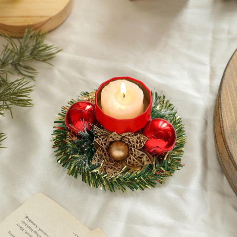 Suport pentru Lumanare de Craciun, Model Cupa cu 2 Globutele Rosii, Sfesnic de Tip Ghirlanda, Decoratiune pe Masa de Craciun, 12 x 12 x 6 cm, Rosu [2]