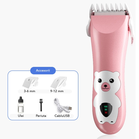 Masina De Tuns Bebelusi si Copii, Display Digital, Lame Cermice si Inox, Fara Fir, Functie Anti Taiere, Silentios, 50 W, Rezistent la Apa, 2 Accesorii, Incarcator USB, Model Ursulet, Roz [1]