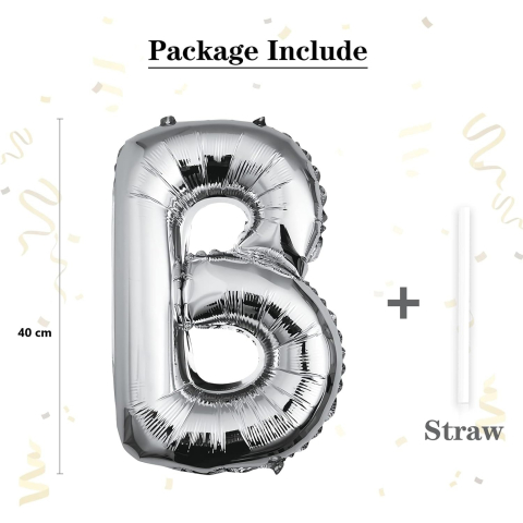 Balon Folie Metalizata Litera B, 40 cm, Umflati cu Heliu sau Aer, Ambalaj Individual, Pai inclus, Argintiu [2]