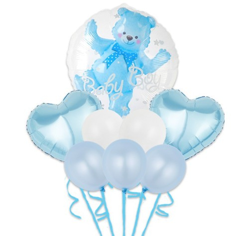 Tematica Fata/Baiat - Set Baloane Aniversare, set din 8 bucati, 1 bucata urs, 2 inimi folie, 5 simple din latex Baby Boy, 60 cm Albastru