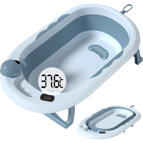 Articole pentru baie - Cada de Baie, pentru Copii 0 luni - 6 Ani, cu Termometru, Pliabila, Perna Suport Inclusa, din Plastic, 81.5 x 49 x 21.5 cm, Albastru