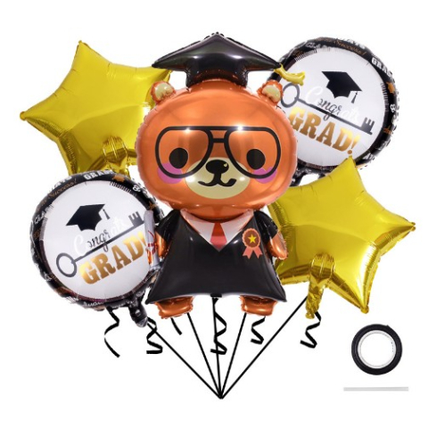 Baloane si Accesorii Absolvire - Baloane cu tematica Absolvire, set din 5 baloane, 1 Figurina Ursulet, 2 stele, 2 rotunde, din folie de aluminiu, 70 x 40 cm, Aer si Heliu, Auriu Negru