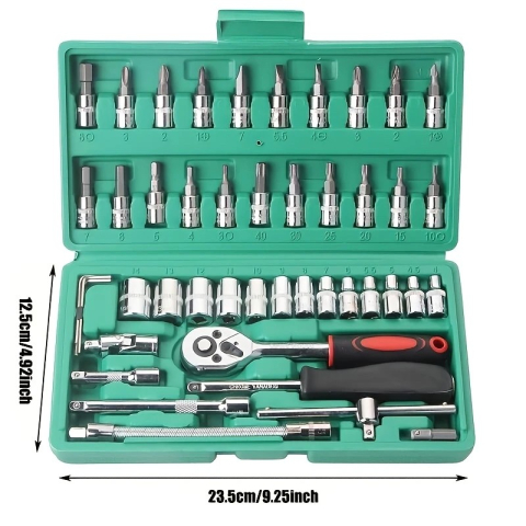 Chei tubulare Set 46 de Piese, Trusa Scule de Reparatii Auto, Prelungitoare Rigid si Flexibil, Articulatie Cardanica, Antrenor de Forta Glisant, Adaptoare, Maner pentru Surubelnita, 23 x 12 x 4 cm, 1.9 kg, Cutie Verde [1]