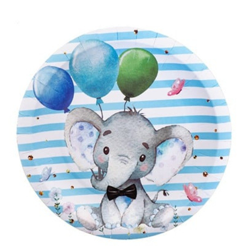 Articole Servire Masa - Set 10 Farfurii Unica Folosinta, Imprimeu Elefant, din Carton, 17 cm, Albastru