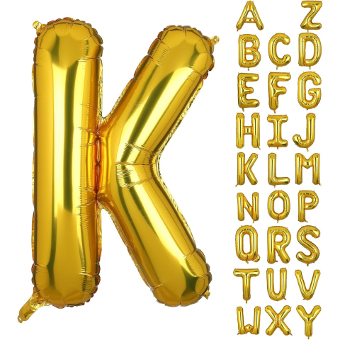 Balon Folie Metalizata Litera K, 40 cm, Umflati cu Heliu sau Aer, Ambalaj Individual, Pai inclus, Auriu [2]