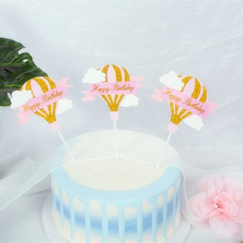 Set 3 Toppere pentru Tort, Model Balon cu Aer Cald Happy Birthday, Tematica Aniversare, Roz [1]