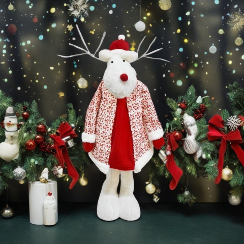 Figurine Decorative Craciun - Figurina Decorativa, Pentru Craciun, Ren, Picioare Telescopice, Inaltime Reglabila 42 - 80 cm, cu Haina, Alb/Rosu