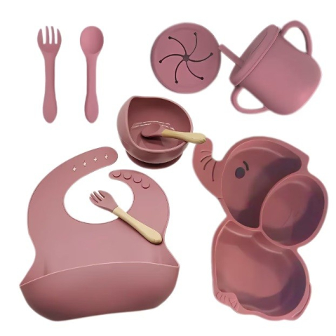 Set 10 Piese Servire Masa. pentru Bebelusi si Copii, din Silicon/Lemn, cu Ventuze Anti-alunecare, fara Alergeni. +6 Luni, Model Elefant, Maro [0]