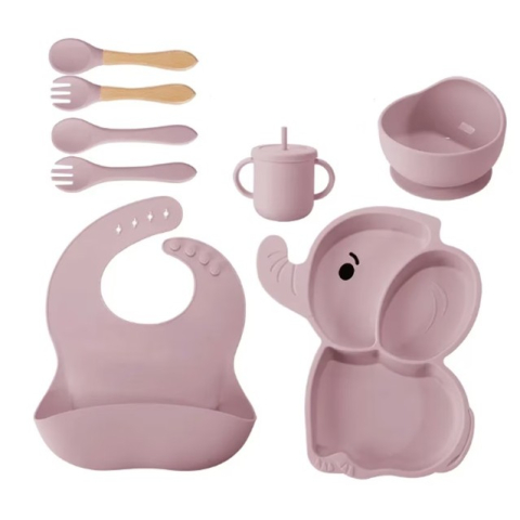 Set 10 Piese Servire Masa. pentru Bebelusi si Copii, din Silicon/Lemn, cu Ventuze Anti-alunecare, fara Alergeni. +6 Luni, Model Elefant, Mov [2]