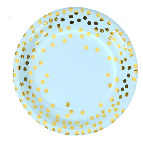 Articole Servire Masa - Set 10 Farfurii Unica Folosinta, Imprimeu cu Buline, din Carton, Diametru 18 cm, Albastru/Auriu