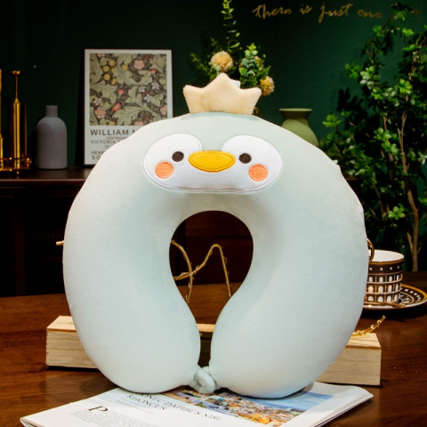 Perna de Calatorie in Forma de U, Pentru Gat si Cap, Umplutura din Spuma cu Memorie, 30x30 cm, Model Pinguin, Accesoriu de Voiaj, Birou, Masina, Sistem Prindere Capse, Verde [1]