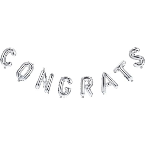 Seturi Baloane Folie - Set Baloane din Folie Metalizat?, Model Congrats, Litere de 40 cm, Baloane Absolvire, Ambalaj Individual, Pai inclus, Umflare cu Aer sau Heliu, Argintiu