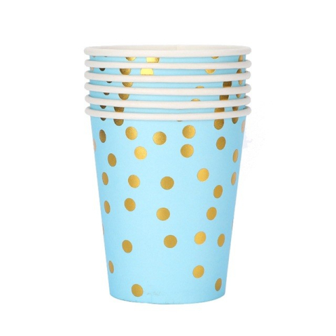 Articole Servire Masa - Set 10 Pahare, Imprimeu cu Buline, din Carton, 250 ml, 7.5 x 8.5 x 5.2 cm, Albastru/Auriu