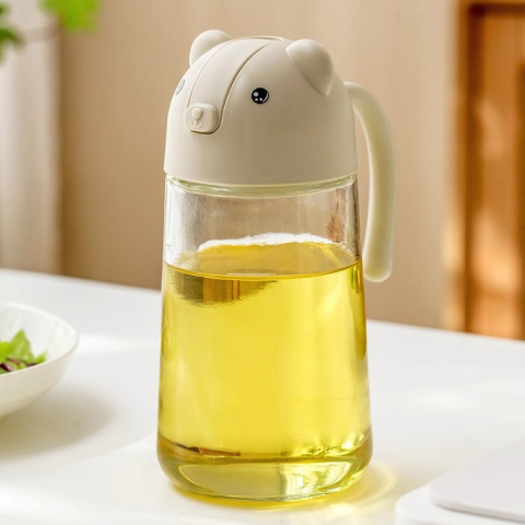 Recipient de ulei, Model Ursulet, Sticla pentru Lichide de Bucatarie, Inchidere Deschidere Automata, 18.5 x 13 cm, Volum 630 ml, Bej [4]