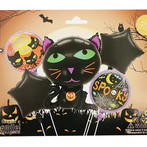 Set 5 Baloane din Folie Metalizata, Figurine, Tema Halloween, Pai Inclus, Ambalaj Individual, Umflare cu Aer sau Heliu, Figurina Pisica 65x49 cm, Stelute si Cerculete 45 cm, Negru [1]