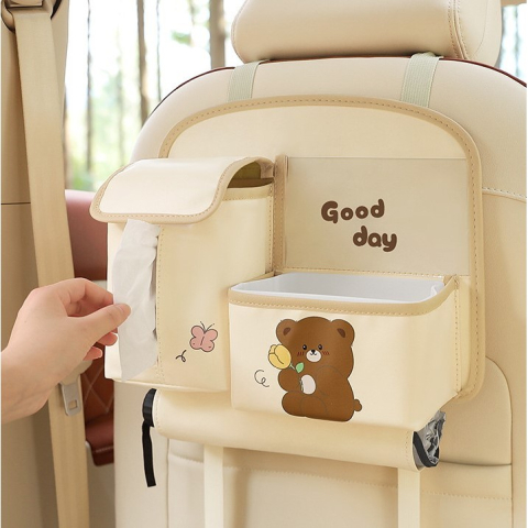 Geanta Multifunctionala de Depozitare, pentru Bancheta din Spate a Masinii, Animat, Model Ursuleti, Scris Good Day, Suport Servetele si Telefon, 25x31 cm, Bej [4]