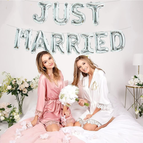 Set Baloane din Folie Metalizata, Model Just Married, Litere de 40 cm, Baloane Party, Ambalaj Individual, Pai, Ata si Adeziv Incluse, Umflare cu Aer sau Heliu, Argintiu [3]