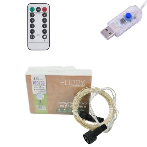 Instalatie de Craciun Liniara,®, Tip Liniara, Fir Cupru, 8 Jocuri de Lumini, cu Telecomanda, 10 m, 100 Led-uri, Alimentare USB, 4.5V, Alb Rece [3]