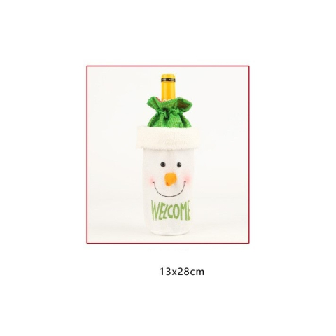 Saculet de Craciun pentru Sticla de Bautura, Model Om de Zapada Accesorizat, Tematica Petrecere de Craciun, Marime Universala, 13x28 cm, Verde [5]