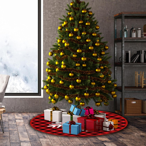 Covoras pentru Bradul de Craciun, din Tesatura Pufoasa, cu Fundite de Prindere, Model Fulg de Nea, Carouri Rosu/Negru, Diametru 90 cm [6]