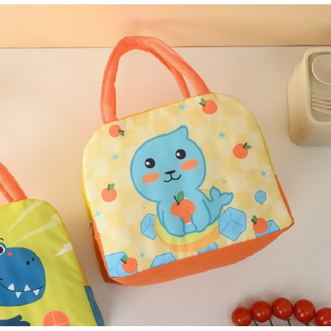 Geanta Termoizolanta pentru Copii, 23x13x19 cm, Model Imprimeu Foca, din Folie de Aluminiu si Panza Oxford, Galben/Portocaliu [3]